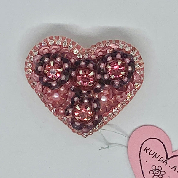 Kunda Art Beaded Pin Pink and Mauve Sequins and Rhinestones Heart