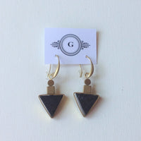 Black Polished Stone Embed in Brass Frame / Brass Coin and Cube/ Brass Hooks Earrings. Original, one of a kind handmade in Ottawa earrings.