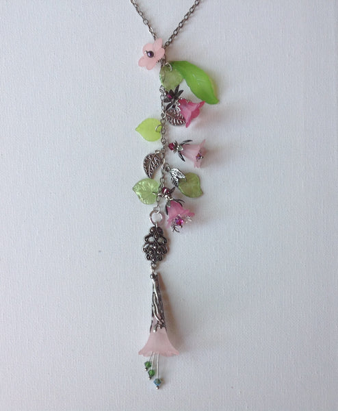 Gaby Lucite Flowers Necklace pink rose lime with silver