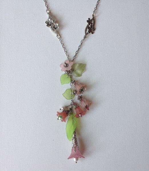 Gaby Lucite Flowers Necklace salmon light peach rose limes with silver
