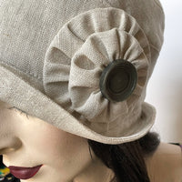 Fanfreluche "Cloche" Hat in Sand Linen with Double Cockade Trim